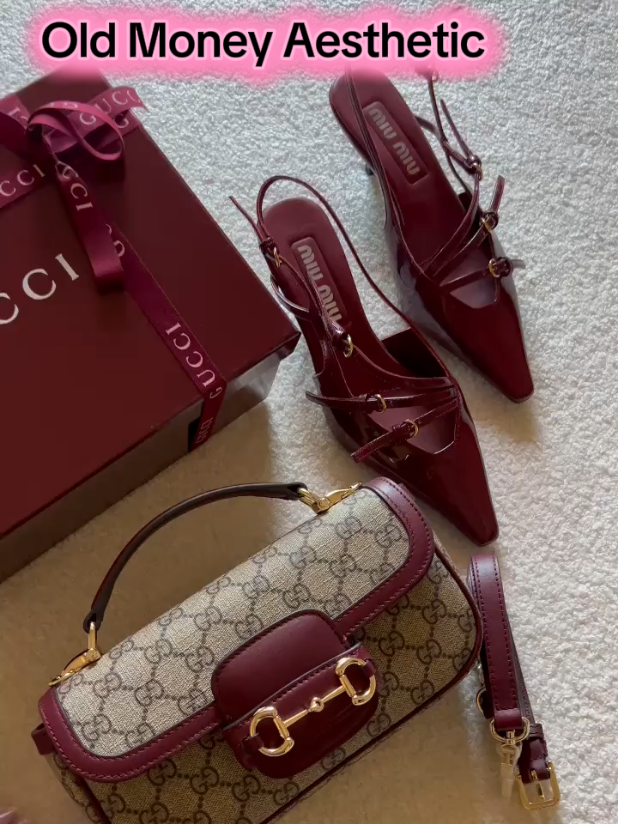 Gucci Horsebit 1955 mini shoulder bag in classic beige GG Supreme canvas paired with Miu Miu patent leather slingback pumps in a rich burgundy tone ❤️#QuietLuxury #OldMoneyStyle #DesignerFashion #LuxuryBags #BurgundyAesthetic