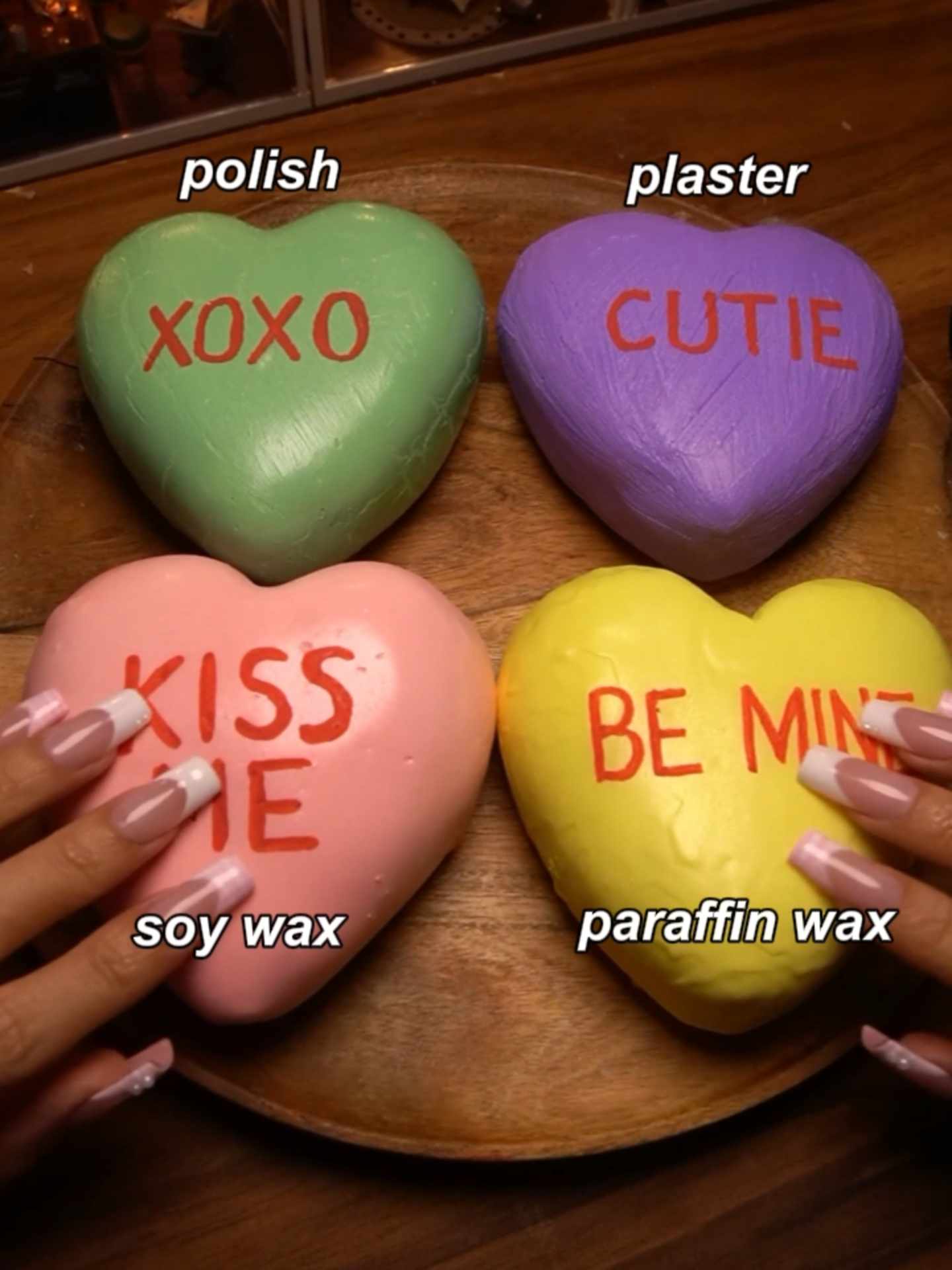 which one was your favorite? #asmr valentines day heart candy, made from clay, covered in paraffin wax, soy wax, polish, and plaster