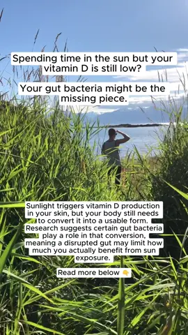 Getting outside and into the sun is one of the most natural ways to support your vitamin D levels, but sun exposure is only the first step. After your skin produces vitamin D it still needs to go through a conversion process before your body can actually use it, and research suggests that certain beneficial gut bacteria are involved in that process. If your gut bacteria are low in diversity or out of balance, that conversion may be less efficient. This could help explain why some people get regular sun exposure and still show low vitamin D on blood work. Supporting your gut bacteria through a fiber rich diet and fermented foods may help your body make better use of the vitamin D your skin is already producing. If your levels are persistently low despite regular sun exposure it is worth speaking with your doctor to explore all possible causes.