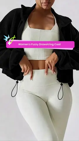 Women's Solid Drawstring Zip Up Fuzzy Crop Coat, Casual Long Sleeve Drawstring Hem High Neck Outerwear, Fall & Winter Jacket #halfziphoodie #croppedlongsleeve #womenscoats #zipperjumpsuit #zipperhoodie #jacketandleggingsset #cropjeanjacket #zipperjacket #yogajackettop #croppedcrewneck