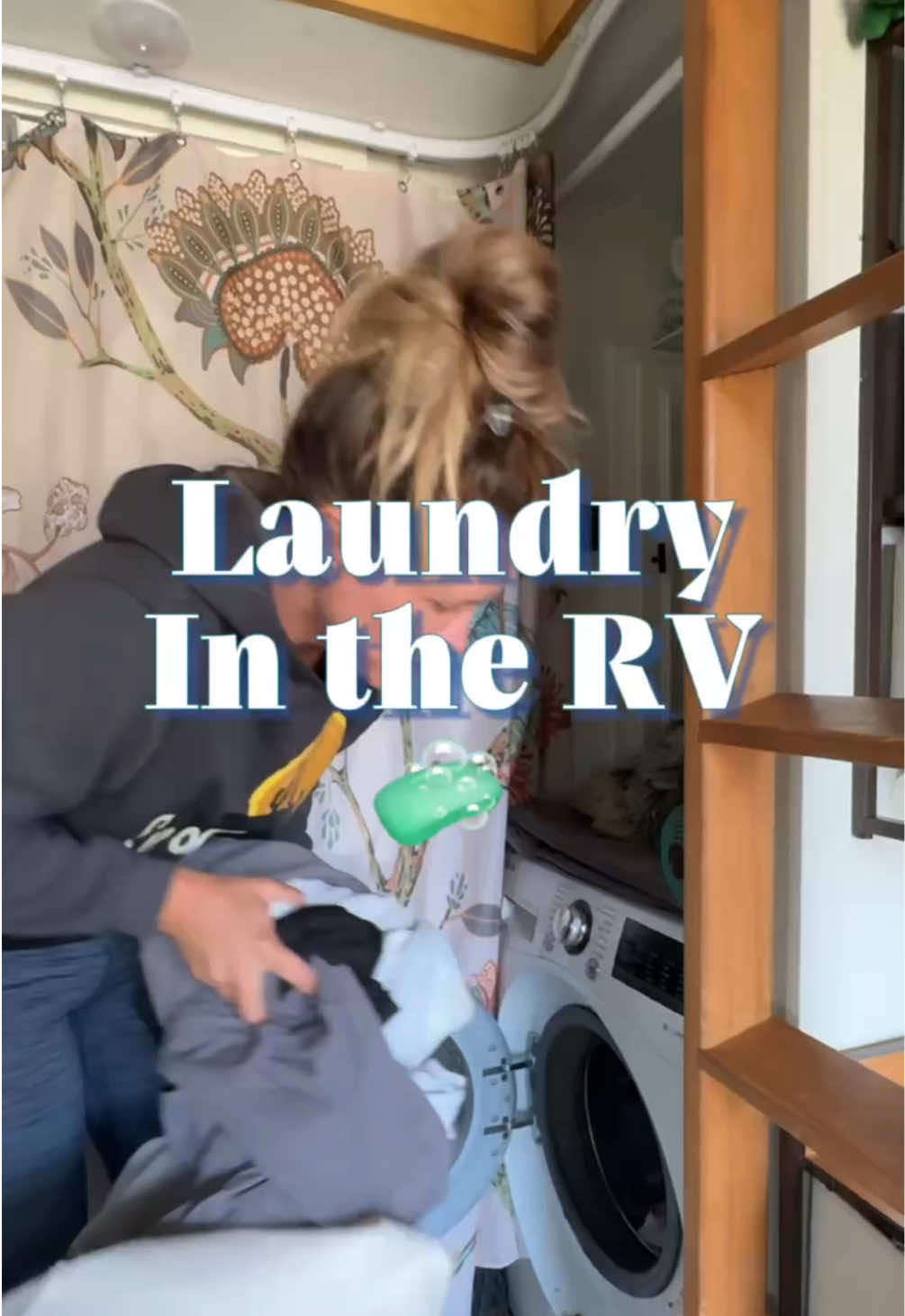 RV laundry is a whole different game 🧺  Yes, it’s smaller. Yes, the loads take longer. But having our LG ventless washer/dryer combo in the rig means no laundromats, no hauling baskets across campgrounds, no waiting around. For full-time life, that convenience is everything. Would you rather have your own combo unit… or use campground laundry? 👀 #rvlife #fulltimerv #rvliving #tinyhomeliving #roadlife