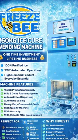 Introducing the FREEZEBEE 160KG ICE CUBE VENDING MACHINE — your smart investment for steady daily income! ✨ ONE TIME INVESTMENT — LIFETIME BUSINESS ✨ ✅ Produces up to 160KG of ice daily ✅ Accepts Bills & Coins payment ✅ Automatic Ice Dispensing & Sealing ✅ Fully Automated 24/7 Operation ✅ High Quality Commercial Machine ✅ With Warranty & Reliable After Sales Support 🔥 No staff needed 🔥 Low maintenance 🔥 High demand everyday product 🔥 Perfect for residential areas, gas stations, terminals & commercial spaces Ice is a DAILY necessity — meaning DAILY income potential! 📦 Nationwide delivery available 📩 Message us now for full details, pricing & installation assistance! #Freezebee #ofw  #PassiveIncomePH #BusinessInvestment #fy 