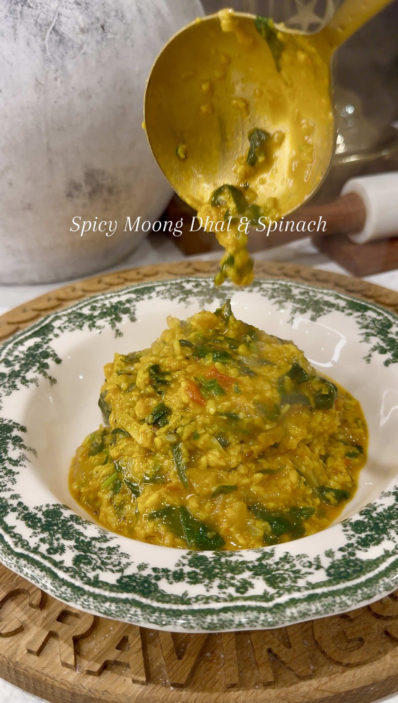 Spicy Moong Dhal & Spinach  Recipe: 1 cup moong dhal Ghee and oil Salt to taste Garlic 3-4 cloves  1 small onions Whole cumin Dried chillies Dried fenugreek leaves  1 tomatoe Spinach 1 tsp turmeric 1tsp chilli powder #dhal #lentils #comfortfood #banglafood #indianfood @karacaunitedkingdom @Karaca 