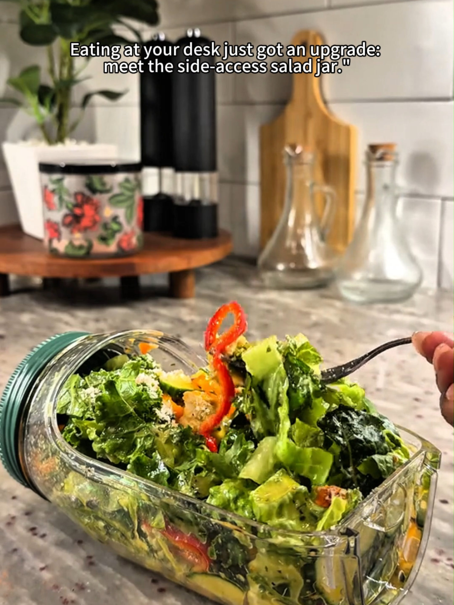 Salad pod mason jar with salad dressing cup and lid. Opens side ways so your not eating toppings only first lol. I love this idea for fruit salad or overnight oats too. You could even layer it horizontally instead too. #saladjar #saladpod #salad#mealprepideas#newyearnewme#healthy #lunchtok#mealprep #saladjar #tiktokshop #fyp