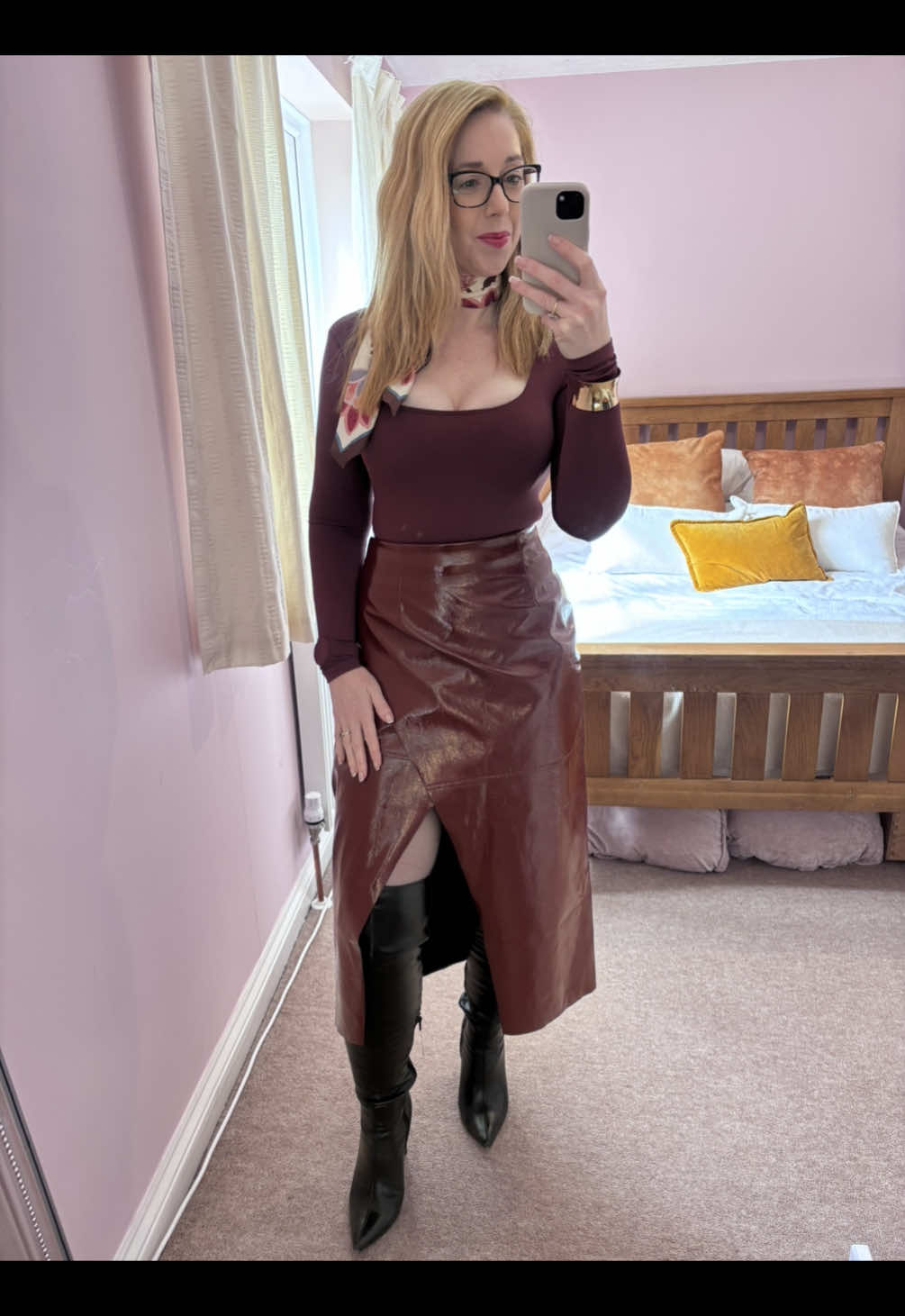 OOTD Long Shiny Leather Skirt Thigh High Boots  Long Sleeve Top Satin Scarf  Fur Coat #OOTD #StyleConfidence #outfitidea #ConfidentWoman #thighhighboots 