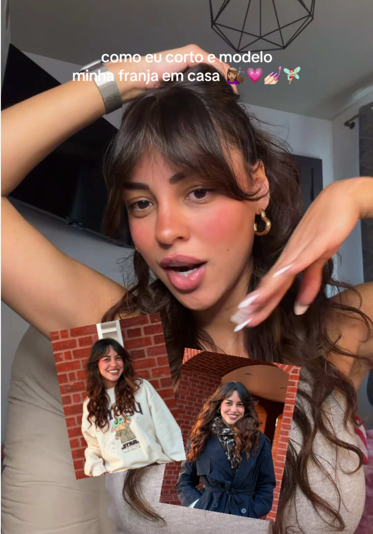 como eu corto e modelo minha franja em casa 💇🏽‍♀️💅🏻💗🧚🏻‍♀️ #cortandoocabelo #bangs 