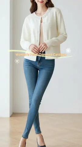 Women's Gentle Style Pearl-Trimmed Knit Cardigan, Elegant Sweater for Women, Perfect for Casual & Formal Wear #sweater #clothingaccessories #crochettops #plussizesweaters #knittedsweater #pulloversweater #plussizecardigan #cutesweaters #turtlenecksweater #wintersweaters