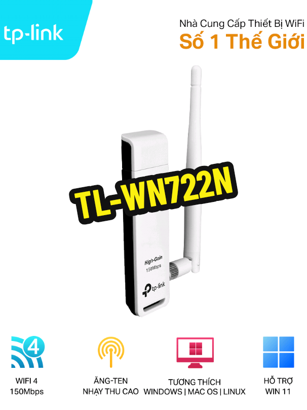 💥💥 USB Wifi TP-Link TL-WN722N - Tốc độ Wifi: 150 Mbps - Số Anten: 1 ăng ten rời 4dBi - Chuyên dùng cho máy tính kết nối wifi không cần dây mạng