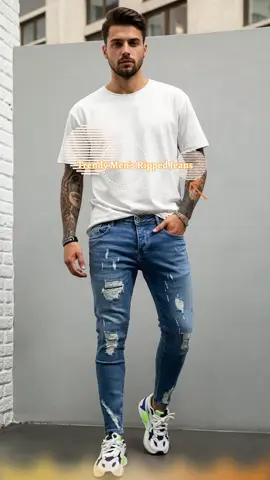 New Versatile European Men's Trendy Long Pants, High Street Ripped Jeans, Slim-Fitting Denim Trousers, Fashion All Seasons, Distressed Skinny Jeans 