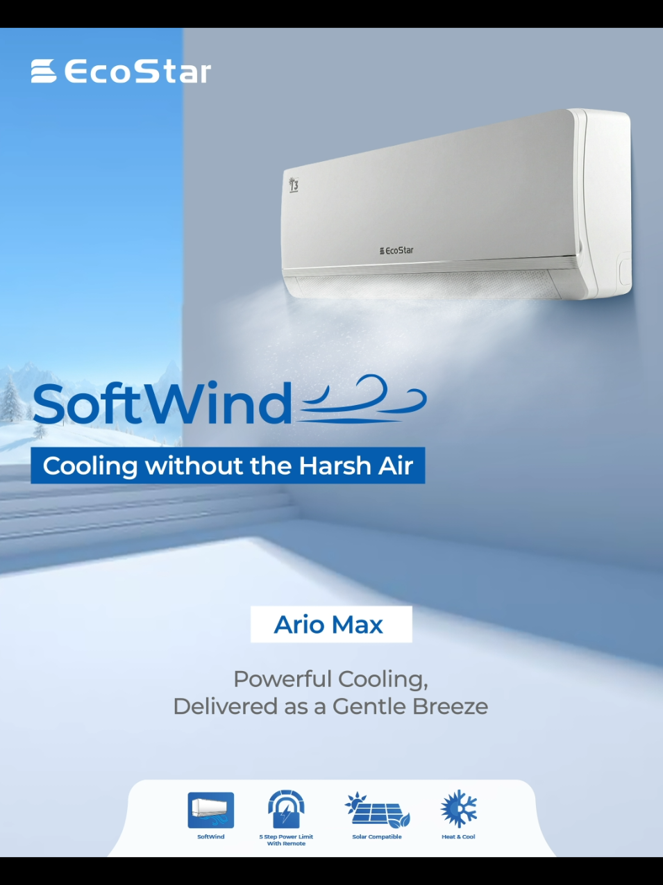 Feel the Softwind EcoStar Ario Max features advanced Soft Wind technology with thousands of micro-air outlets that gently diffuse airflow across the room, keeping your space cool while maintaining a more comfortable environment for everyday use. Starting at 129,900/- #EcoStar #ArioMax #NovoMax #SoftwindFeature #GenuineT3 