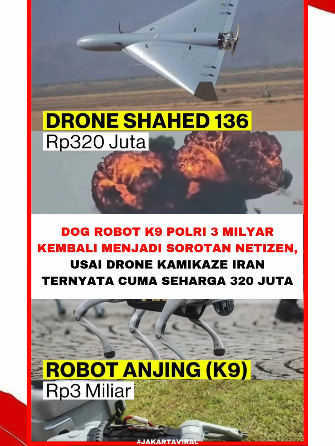 Perbandingan harga drone Shahed milik Iran dengan robot anjing milik Polri mendadak ramai diperbincangkan di media sosial. Publik dibuat tercengang setelah mengetahui drone kamikaze Shahed disebut hanya berharga sekitar Rp320 juta, sementara robot anjing yang digunakan kepolisian dibanderol hingga sekitar Rp3 miliar. Selisih harga yang sangat jauh ini langsung memicu berbagai komentar dari warganet yang mempertanyakan perbandingan nilai dan efektivitas kedua teknologi tersebut. Banyak netizen menilai drone Shahed telah terbukti memiliki dampak nyata di medan konflik, bahkan disebut mampu menyulitkan militer Amerika Serikat dalam dinamika ketegangan antara Iran, AS, dan Israel. Sebaliknya, robot anjing polisi justru menjadi sasaran kritik karena dianggap belum menunjukkan kegunaan yang sebanding dengan harganya. Perbandingan ini kemudian memicu perdebatan luas di publik, bukan hanya soal harga, tetapi juga tentang efektivitas teknologi dan prioritas penggunaan anggaran dalam pengadaan alat canggih. Bagaimana Menurut Kamu ? #viral #drone #robot #Iran #BeritaViral