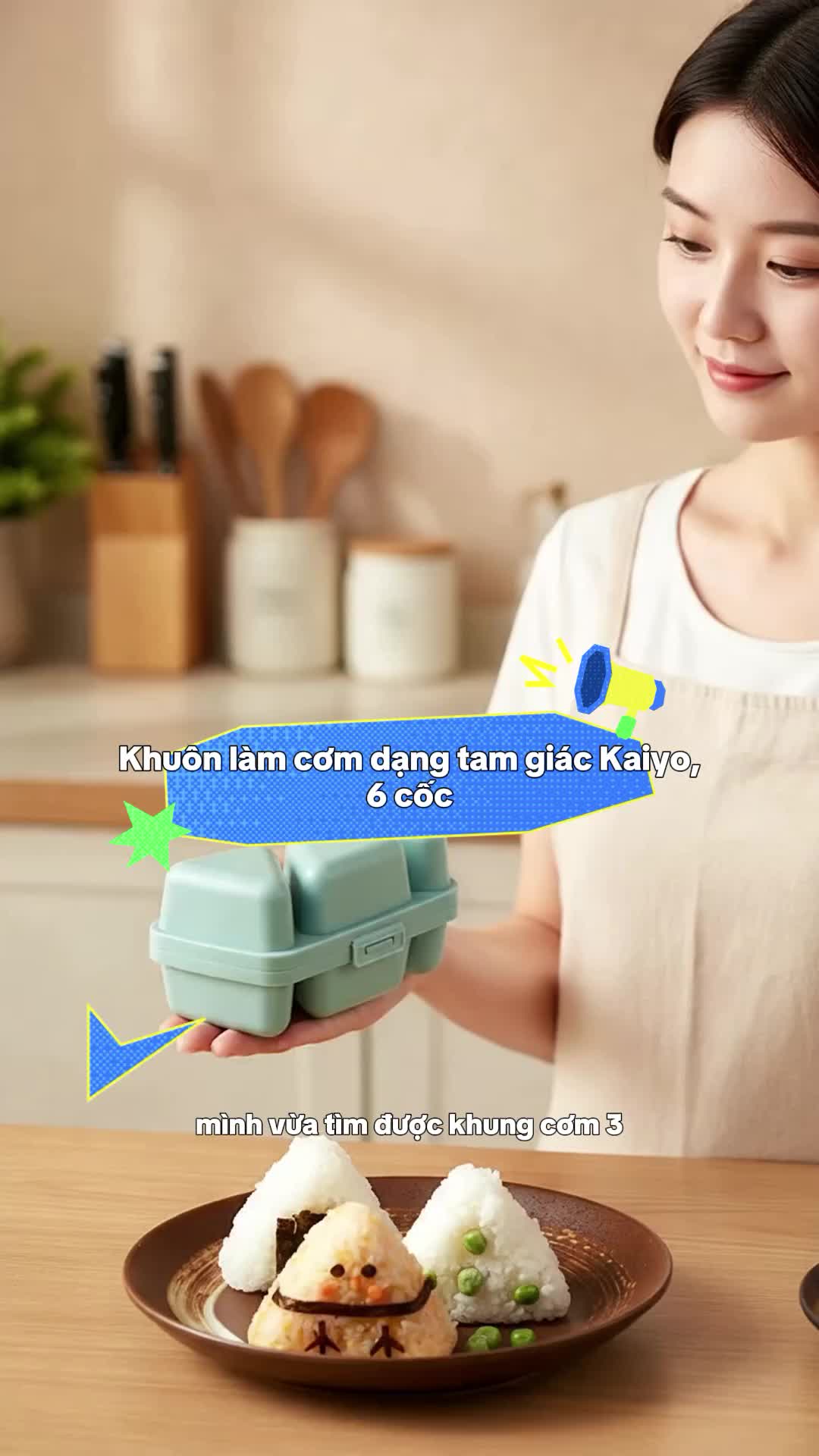 Kaiyo Khuôn làm cơm nắm hình tam giác sáng tạo, khuôn 6 ô, hộp cơm bento gấp gọn tiện dụng 