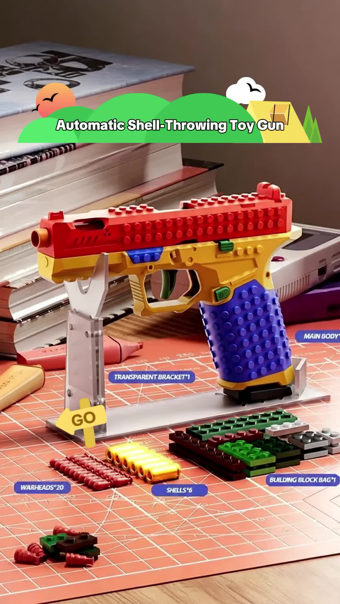 Novelty Toy Automatic Shell-Throwing Gun, DIY Building Block Set, Soft Bullet Kit with Stand, Perfect Holiday Gift 