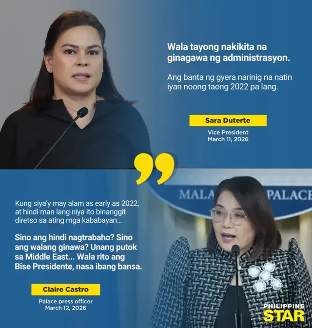 Presidential Communications Undersecretary Claire Castro hit back at Vice President Sara Duterte after she criticized the response of the Marcos administration amid the crisis in the Middle East. “Wala tayong nakikita na ginagawa ng administrasyon. Ang banta ng gyera narinig na natin iyan noong taong 2022 pa lang,” Duterte stated on Wednesday. “Sino ang hindi nagtrabaho? Sino ang walang ginawa? Unang putok sa Middle East... Wala rito ang Bise Presidente, nasa ibang bansa,” Castro replied on Thursday. WATCH: https://www.youtube.com/watch?v=lqL-1SfEf0E&t=2s #philippinestar #saraduterte #clairecastro #middleeast #iranwar 