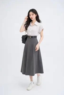 Set đồ thanh lịch nhẹ nhàng, chuẩn vibe nàng công sở ✨ Áo sơ mi sọc tay cánh kết hợp chân váy dài xòe tôn dáng, vừa nữ tính vừa trẻ trung. Phối thêm thắt lưng và sneaker là có ngay outfit đi làm – đi chơi đều xinh 🤍 #setdocongso #thoitrangnu #outfitdidep #phoidodep #vaycongso 