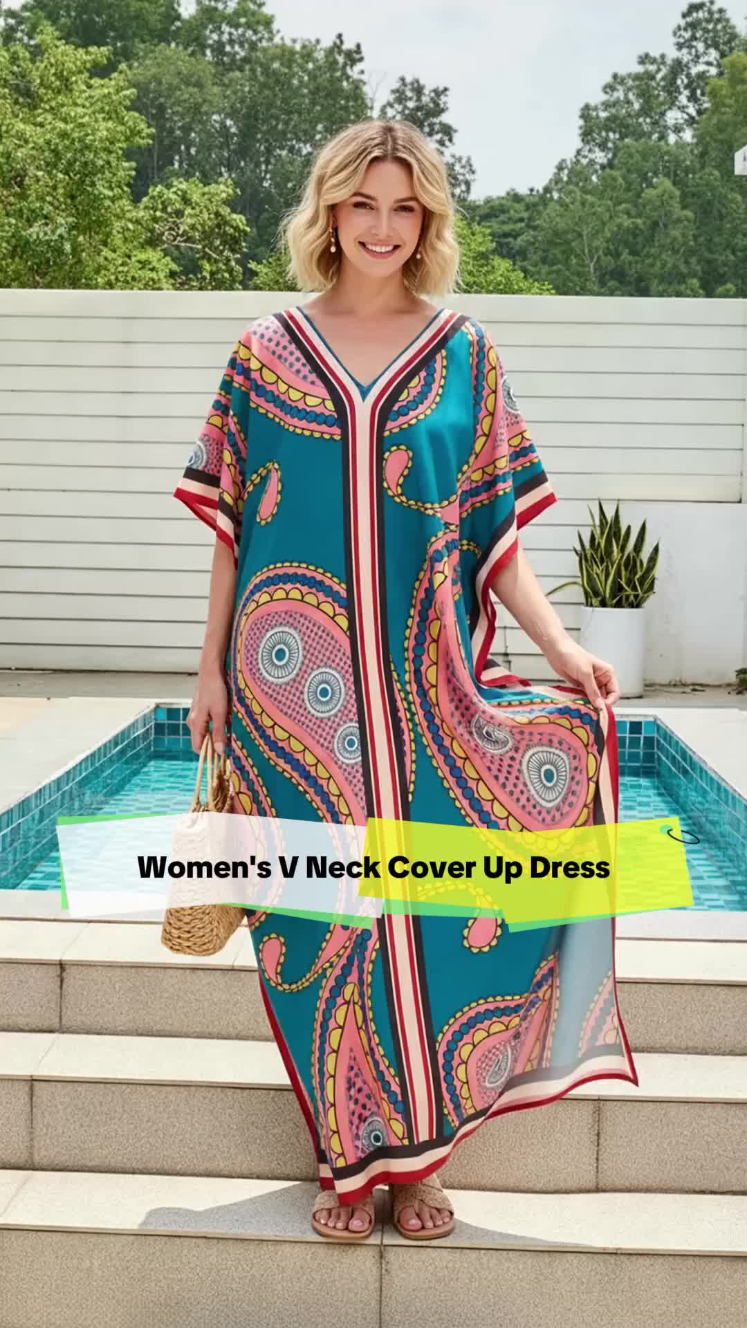 Women's All Over Print V Neck Cover Up Dress, Casual Short Sleeve Long Cover Up Dress for Summer, Ladies Swimwear for Beach Holiday Vacation, Swimsuit Cover Ups 