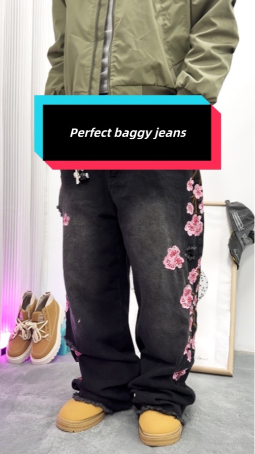 YUJSXI Men's Plum Blossom Embroidered Baggy Jeans Distressed & Raw Hem Stylish Design Y2K Streetwear Skate Loose-Fit Jeans #Baggyjeans #jeans #Streetwear| #StreetFashion #Widelegjeans