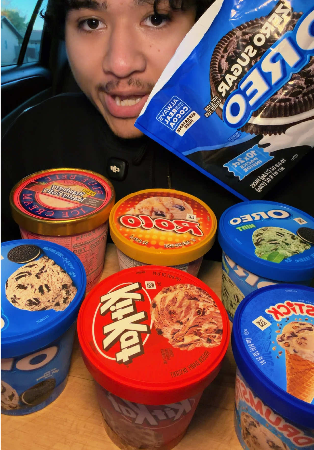 Eating 6 different snacks in ice cream pint form @KITKAT @OREO @snickers @Blue Bell Ice Cream @Pop-Tarts @Nestlé @Drumstick 
