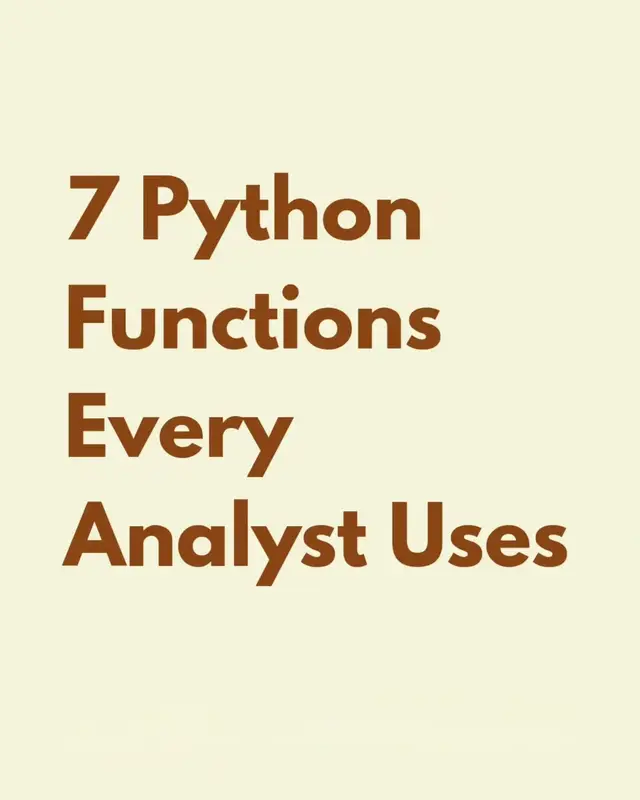 7 Python functions every data analyst must know (used in real data science jobs) If you’re learning data science, Python, or data analysis, these functions will save you hours of work and make you job-ready faster. 1️⃣ head() → Preview your dataset instantly 2️⃣ info() → Understand columns, nulls, and data types 3️⃣ describe() → Get statistical summary in seconds 4️⃣ isnull().sum() → Find missing values quickly 5️⃣ value_counts() → See category distribution 6️⃣ groupby() → Analyze patterns in data 7️⃣ sort_values() → Rank and organize your dataset These are used daily by analysts working in real data science and analytics jobs. 💬 Comment Question (HIGH engagement): Which one do you use the most? A) head() B) groupby() C) value_counts() D) I’m still learning 👇 Comment your answer — I’ll reply with real examples. 💾 Save this before your next project. #creatorsearchinsights #datascience #python #dataanalysis #machinelearning