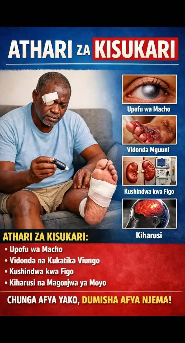 Kisukari (Diabetes Mellitus) ni ugonjwa unaoathiri kiwango cha sukari kwenye damu. Usipodhibitiwa vizuri, unaweza kusababisha madhara makubwa kwa mwili. Haya ni baadhi ya madhara yake: 1. Madhara kwenye macho 👁️ Kisukari kinaweza kusababisha uharibifu wa mishipa ya damu kwenye macho (retinopathy) Huongeza hatari ya upofu 2. Madhara kwenye figo Husababisha ugonjwa wa figo (kidney failure) Mtu anaweza kuhitaji dialysis au kupandikizwa figo 3. Madhara kwenye moyo ❤️ Huongeza hatari ya magonjwa ya moyo na shinikizo la damu Inaweza kusababisha mshtuko wa moyo au kiharusi 4. Uharibifu wa mishipa ya fahamu (neva) Husababisha ganzi, maumivu au kuwaka moto kwenye mikono na miguu Huathiri uwezo wa kuhisi maumivu au joto 5. Vidonda na kukatwa viungo Vidonda hasa kwenye miguu huchelewa kupona Katika hali mbaya, inaweza kupelekea kukatwa mguu 6. Mfumo wa kinga kudhoofika Mwili unakuwa rahisi kupata maambukizi (mfano ngozi, njia ya mkojo) 7. Matatizo ya uzazi Kwa wanaume: upungufu wa nguvu za kiume Kwa wanawake: changamoto katika ujauzito Hitimisho Kisukari si ugonjwa wa kupuuza. Ni muhimu kudhibiti sukari kwa: Lishe bora Mazoezi Dawa kulingana na ushauri wa#tiktokkenya🇰🇪  ##tiktokTanzania# tiktokUganda.#fyp 