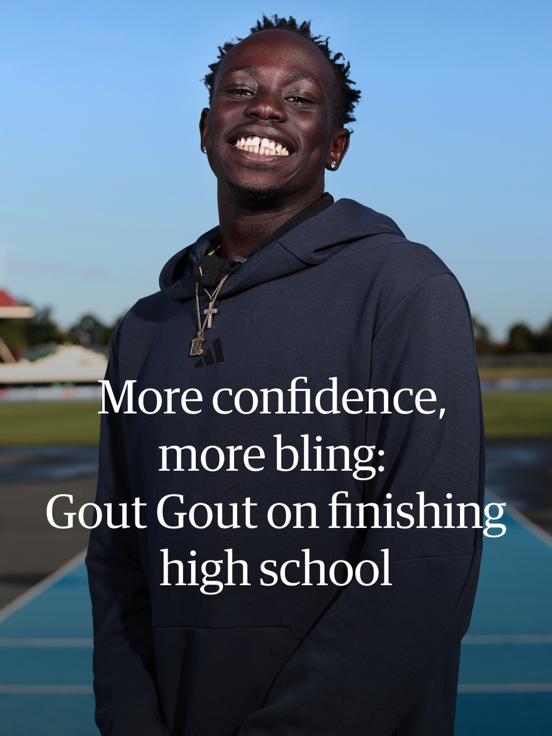 Dazzling in his sponsor’s tracksuit, and sparkling with an earring and two glimmering chains, sprint sensation Gout Gout tells his first press conference in Melbourne his confidence is growing ahead of the Maurie Plant Meet on Saturday. He has also finished school, and now trains and recovers throughout the day as a full-time athlete.