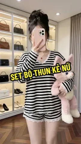SET BỘ THUN KẺ NỮ áo dài tay kèm quần 