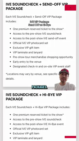 IVE World Tour VIP Packages Explained Thinking about upgrading your concert experience? Here’s everything you need to know about VIP for the IVE World Tour—including the difference between SEND-OFF and HI-BYE so you know what you’re actually paying for 👀 💎 VIP Packages (what you usually get): – Early entry / soundcheck access   – Exclusive merch (lanyard, photocard set, gifts)   – Priority seating or standing   – VIP check-in + separate lines   👋 HI-BYE: This is a quick walk-by moment where you pass the members, wave, and say hi as you exit. It’s fast, a little chaotic, but still a surreal “omg they’re right there” experience. 💌 SEND-OFF: This is the premium interaction. Smaller group, more relaxed vibe, and you get to actually pause, wave, maybe say a few words, and have a longer moment with the members. WAY more personal than hi-bye. ⚖️ SEND-OFF vs HI-BYE: – Time: Send-off > Hi-bye   – Interaction: Send-off > Hi-bye   – Price: Send-off $$$   🔥 Is it worth it? If you want a once-in-a-lifetime memory and closer interaction → SEND-OFF   If you just want a quick but iconic moment → HI-BYE   Save this before buying tickets so you don’t regret your choice later 👀💕 #IVE #IVEWorldTour #kpop #SendOff #vip 