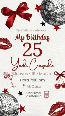 ✨ Invitación temática: Glam Red & Disco 🍒 Diseño elegante y atrevido en tonos rojos con detalles brillantes tipo disco 🪩💋, perfecto para celebrar tus 25 con estilo y actitud ❤️🔥 Ideal para cumpleaños modernos, chic y llenos de personalidad 🎂✨ 📲 Pedidos al: +51 979543884 🇵🇪 📍 Diseños digitales listos para compartir #fiestaglam #discoteca #chic #invitacionesdigitales #viralvideo 