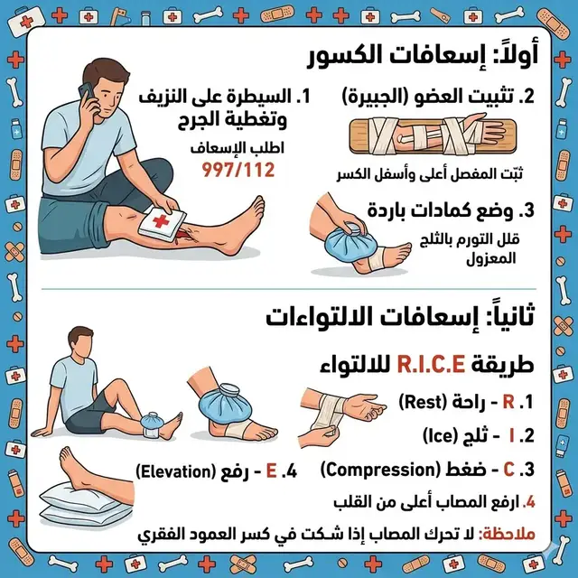 #nursing #nursingstudents #تمريض💉💊 #H.D #الذكاء_الاصطناعي   الإسعافات الأولية.. وعي ينقذ حياة! ✨ ​هل تعرف الفرق بين إسعاف الكسر والالتواء؟ 📍 للكسور: ثبت العضو + برد المنطقة + اطلب المساعدة.( الاسعاف ) 📍 للالتواءات: طبق قاعدة (R.I.C.E) لتقليل الألم والتورم سريعاً. ​طب اي هي قاعدة (R.I.C E ):- ​R - Rest (الراحة): التوقف فوراً عن ممارسة أي نشاط بدني واستخدام العضو المصاب لإعطاء الأربطة فرصة للالتئام. ​I - Ice (الثلج): وضع كمادات باردة أو ثلج (ملفوف بقماش) لمدة 15-20 دقيقة كل ساعتين خلال أول 48 ساعة، وهذا يساعد جداً في تقليل الألم والتورم. ​C - Compression (الضغط): استخدام رباط ضاغط (مرن) حول المفصل المصاب لتقليل التورم، مع التأكد من عدم لفه بقوة شديدة تعيق تدفق الدم. ​E - Elevation (الرفع): رفع العضو المصاب (اليد أو القدم) لمستوى أعلى من مستوى القلب؛ فهذا يساعد الجاذبية على سحب السوائل بعيداً عن منطقة الإصابة وتقليل الانتفاخ.