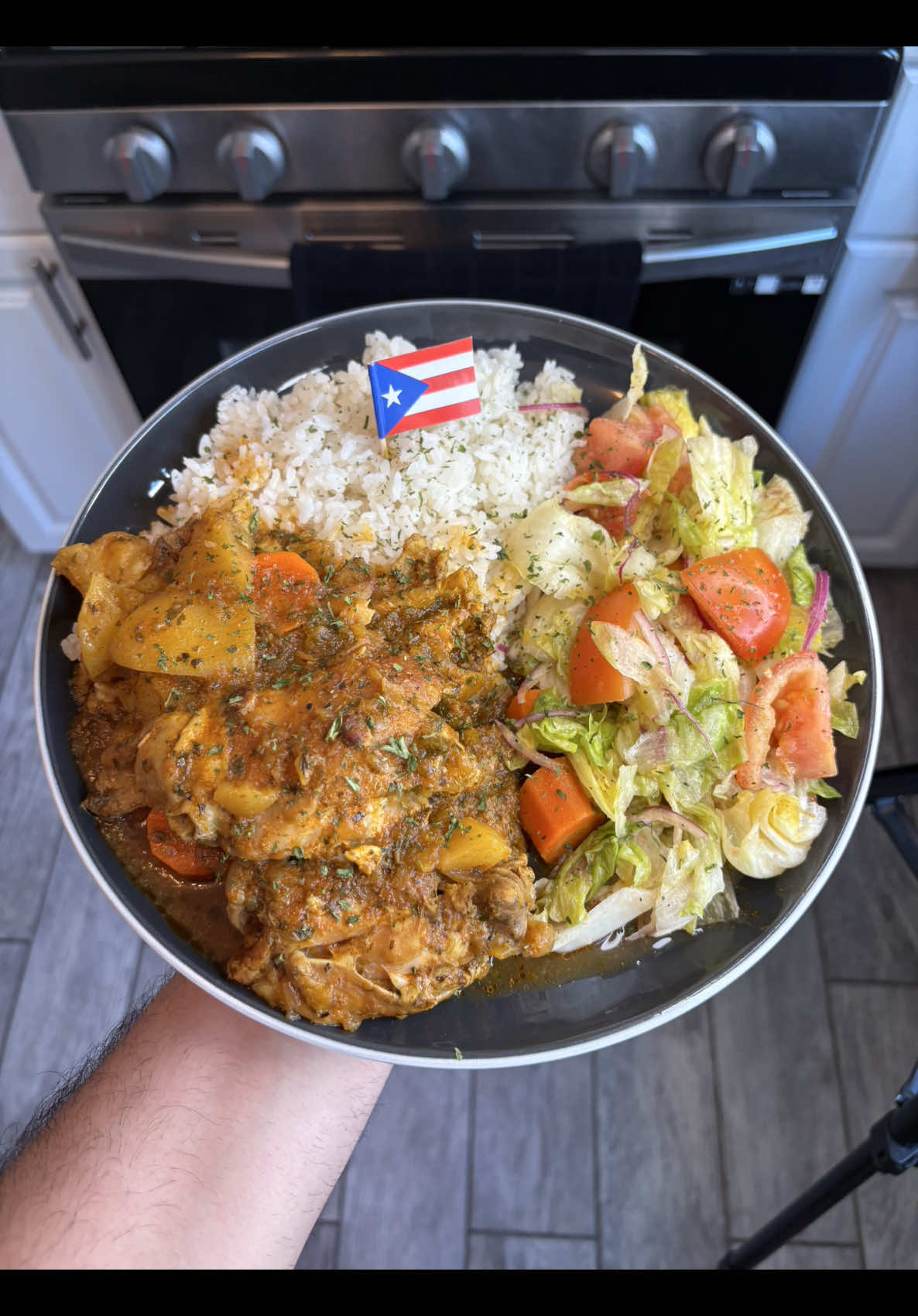 Puerto Rican Pollo Guisado( pressure cooker recipe )  Ingredients :  Meat :  2.5 lb chicken thighs Decent amount of Achiote oil  1 tablespoon sazon cooking with my doctor  1 tsp oregano  1 tsp black pepper Stew :  2 tablespoons achiote oil  2 tablespoons garlic paste  1/4 cup sofrito  1/4 cup chopped cilantro  4 tablespoons of white wine  1 tsp oregano  3/4 tsp  adobo cooking with my doctor  1 tsp chicken ponselo  2 bay leaves  5 tablespoons tomato paste 2 carrots / peel and cut  2 large potatoes / peel & cut into decent sizes not to small  6 Olives  2 and 1/2 cups water  Directions :  Season chicken with Achiote oil, sazon cwnd, black pepper, oregano, mix well.  Set pressure cooker to sear high and add Achiote oil, once hot add in chicken and sear till browned and set aside.  Next add diced onions and just cooked to translucent Now add sofrito, garlic paste, tomato paste stir and cook for 40 seconds.  Next add cilantro, bay leaves, adobo cwmd, oregano, ponselo al chicken, white wine, and mix well let cook for one minute add chicken back in and stir well let cook for 1 minute.  now turn off the sear and add add water stir.  Pressure cook for 20 minutes on high.  Then add potatoes, carrots and pressure cook for 20 minutes on high to finish.  ( If you’ll like a more heavier sauce just simply blend some potato’s and carrots, pour back into pot and mix )  Let rest for 5 minutes before serving. Recipe by chef Edgardo Jose Verdejo  #pressurecooker #polloguisado #chickenstew 