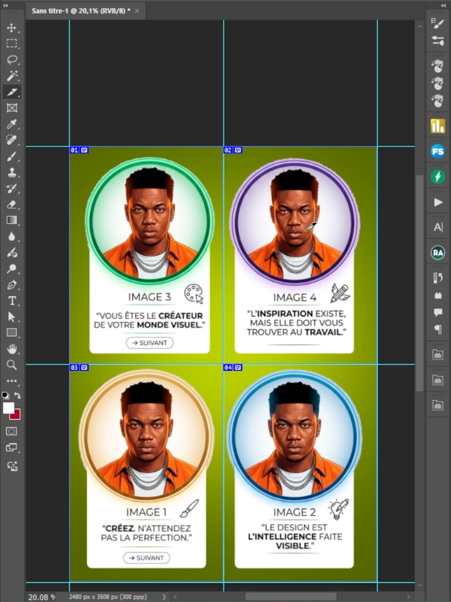 Un seul plan de travail transformée en carrousel de 4 slides automatiquement. Sur Adobe Photoshop, c’est rapide, propre et PRO. 🔥 #graphicdesign #photoshoptips #designer #creative