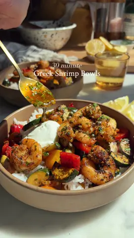 30 Minute Greek Shrimp Bowls! Recipe linked in my bio. #DinnerIdeas #shrimp #EasyRecipe #healthyfood 