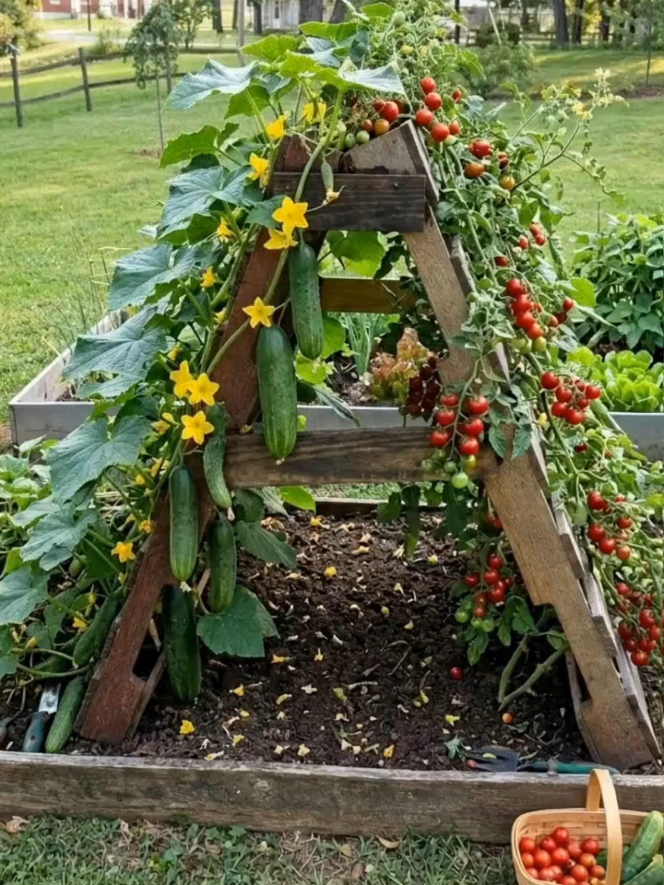 A Creative A-Frame Trellis Garden for Growing Vegetables 🌱🥒🍅 The image shows a smart and compact raised garden bed using an A-frame trellis structure to grow vegetables like cucumbers and cherry tomatoes. This type of garden design is popular among home gardeners because it saves space, improves plant health, and makes harvesting easier.  The A-Frame Trellis Design At the center of the garden bed is a wooden A-frame trellis, which forms a triangular support structure.  Climbing plants grow upward along the frame rather than spreading across the ground. This vertical gardening technique offers several advantages: saves garden space improves sunlight exposure keeps plants off the soil reduces pests and disease The A-frame shape also creates a sturdy structure capable of supporting heavy vegetable vines.  Growing Cucumbers and Cherry Tomatoes Two types of plants are clearly visible growing on the trellis: Cucumbers Hanging green cucumbers grow along the left side. Yellow flowers indicate active fruit production. Cucumbers grow especially well on trellises because their vines naturally climb. Cherry Tomatoes Small clusters of red cherry tomatoes grow along the right side. The vines drape down the frame, making harvesting easy. Both crops benefit from better air circulation and sunlight when grown vertically.  Raised Garden Bed Benefits The plants are growing in a wood-framed raised garden bed, which improves soil quality and garden management. Raised beds provide: better soil drainage easier weed control improved soil nutrients less bending while gardening They also warm up faster in spring, allowing plants to grow sooner.  Efficient Harvesting One of the best advantages of this design is easy harvesting. Because fruits hang from the trellis, they are easy to see and pick. The basket in the image already contains: fresh cherry tomatoes cucumbers harvested directly from the garden This shows how productive even a small raised bed can be.  Ideal Plants for A-Frame Trellises Many climbing vegetables grow well on A-frame structures, including: cucumbers pole beans peas tomatoes squash small melons These plants naturally climb and produce better yields when supported.  A Beautiful and Productive Backyard Garden This garden setup demonstrates how simple wooden structures can transform a small backyard garden into a productive food space. The combination of raised beds and vertical trellises allows gardeners to grow more food in limited areas while keeping plants healthy and organized.
