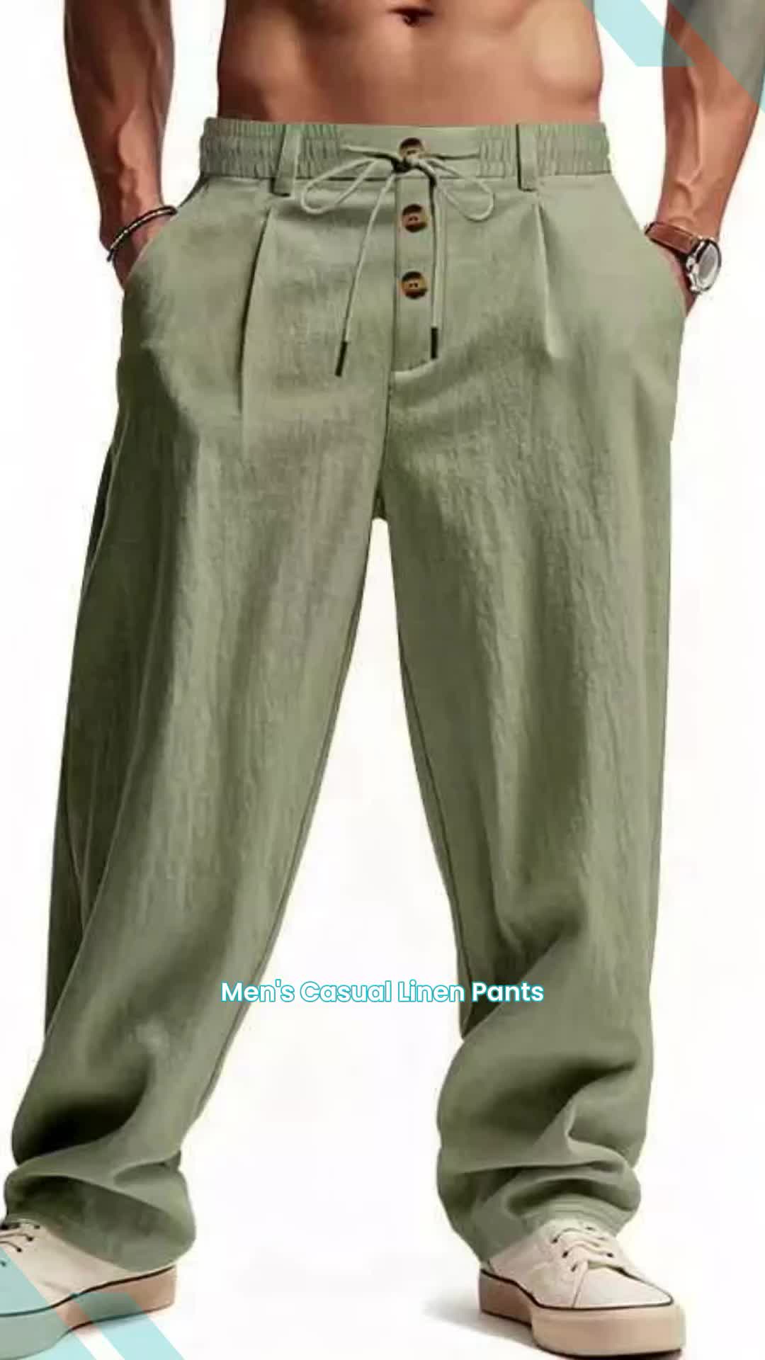 Men's Casual Linen Long Pants, Three Button Decor, Breathable Elastic Waist, Drawstring, Suitable for Fishing, Hiking, Golf, Outdoor Activities 