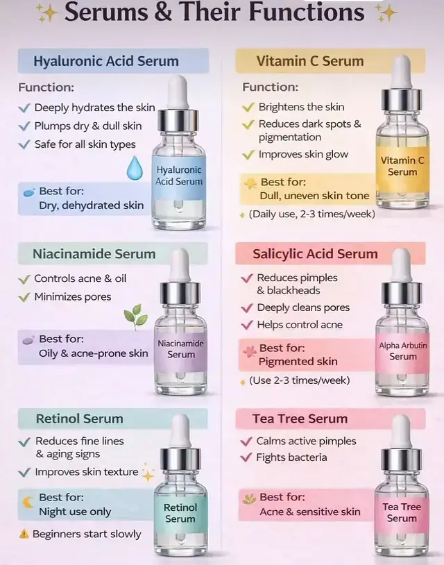 Confused about which serum is right for your skin?🤔 This guide will help you choose the perfect serum has a different function, using the right one can improve your acne, dryness, dullness, and aging signs. ✨Serum and Their Functions; •Hyaluronic acid serum: Deep hydration & plumps dry skin •Vitamin C Serum: Brightens skin & reduces dark spots  •Niacinamide Serum: Control oil & minimizes pores •Salicylic Acid Serum: Clears pores and reduces acne. •Retinol serum: Reduces fine lines and improve texture. •Tea Tree Serum: Calms pimples & fights bacteria. Choose your serum based on your skin type and use it consistently for best results. GiSTORE COSMETICS TANZANIA  📍 Uhasibu-Kurasini karibu na maeneo ya liquid bar  📱0698525616 #tiktokshop #business #fyp #viral #fyppppppppppppppppppppppp 