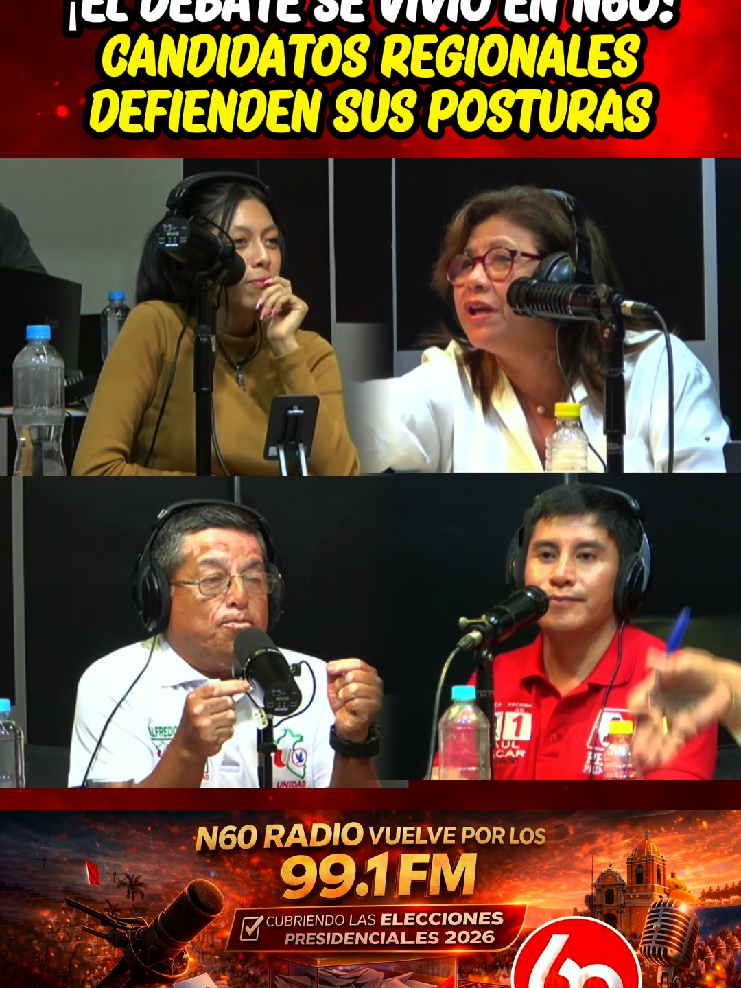 #N60Noticias | El debate también se vivió en N60 con la participación de Alfredo Galindo, candidato a diputado por Unidad Nacional; Saúl Tacar, candidato a diputado por Perú Primero; y Olga Cribilleros, candidata al Senado por el APRA, quienes centraron sus intervenciones en sus respectivos líderes y candidatos presidenciales. Durante el espacio, defendieron las propuestas y posturas de sus agrupaciones políticas, destacando las cualidades de sus figuras presidenciales y marcando distancia frente a sus contendores.