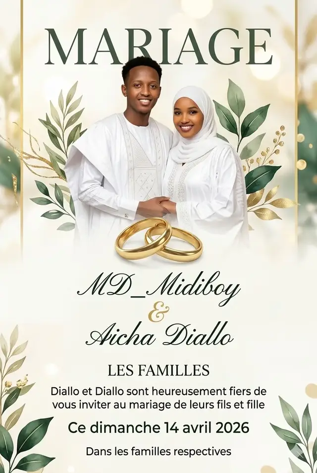 Concept | Digital: Créer une affiche de mariage haut de gamme, élégante et moderne, Style : design de mariage premium africain moderne, très professionnel, digne d’un studio graphique de luxe. Composition : •	Format vertical (affiche mariage). •	En haut : photo principale du couple, souriant, en tenues traditionnelles blanches, posture naturelle et élégante. •	Intégration harmonieuse de deux alliances dorées réalistes au centre. Fond : •	et sophistiqué. •	Couleurs dominantes : blanc, ivoire, vert émeraude / vert sauge, avec touches dorées. •	Effet bokeh léger, profondeur de champ douce, ambiance lumineuse et chaleureuse. Typographie : •	Titre élégant et impactant : « MARIAGE » (serif chic). •	Noms en typographie raffinée et lisible. •	Hiérarchie claire des textes, équilibre parfait entre modernité et tradition. Texte à intégrer exactement : •	MARIAGE •	MD_Midiboy •	& •	Aicha Diallo •	LES FAMILLES •	Diallo et Diallo sont heureusement e vous inviter au mariage de leurs fils et fille •	Ce dimanche 14 avril 2026 •	Dans les familles respectives Rendu final : •	Qualité ultra HD, très net, impression professionnelle. •	Couleurs riches, contraste maîtrisé.#gemini #prompt  comment faire un afficher de mariage 💒 