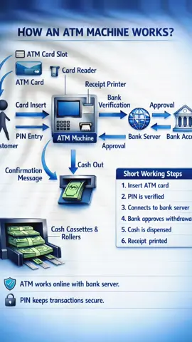 What really happens when you put your card into an ATM? 👀🏧 Here is the process in simple steps: Step 1: The ATM reads your card   When you insert or tap your card, the ATM reads the card information needed to start the transaction. Step 2: You enter your PIN   Your PIN is part of the security check used to authorize access to the account. Step 3: The ATM sends your request   After you choose an action like cash withdrawal, the ATM sends the request through the banking network. Step 4: The bank checks the details   The system checks whether the PIN is correct, whether the account is active, and whether the requested amount can be approved. Step 5: A response is sent back   If everything is valid, an approval is sent back to the ATM. If not, the transaction is declined. Step 6: The ATM prepares the cash   If approved, the machine counts the notes internally before dispensing them. Step 7: Cash is dispensed   The ATM releases the money for the user to collect. Step 8: Confirmation is shown   The ATM shows the result of the transaction, and in some cases it may also offer a printed receipt. So even though it feels instant, the ATM is actually reading your card, checking your PIN, sending a request, waiting for approval, counting the cash, and then dispensing it — all in just a few seconds. Follow for more simple tech explanations made easy. #creatorsearchinsight #ATMExplained #HowATMWorks #TechExplained #BankingTech 