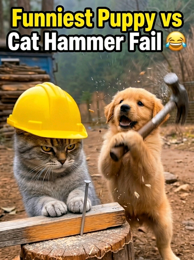 Funniest Puppy vs Cat Hammer Fail 😂  When the puppy tries to help with construction… things go wrong fast 😂🐶 Watch this golden retriever puppy swing a hammer and keep missing the nail — accidentally hitting the grumpy cat wearing a hard hat instead. The cat is NOT happy and starts an epic (but adorable) fight. Pure chaos and cuteness in one Short. 👉 Like if this made you laugh   👉 Follow for more funny animal chaos   👉 Comment 🐱🐶 who do you think won the fight? #FunnyAnimals #PuppyFail #CatVsDog #CuteAnimals #Viral 