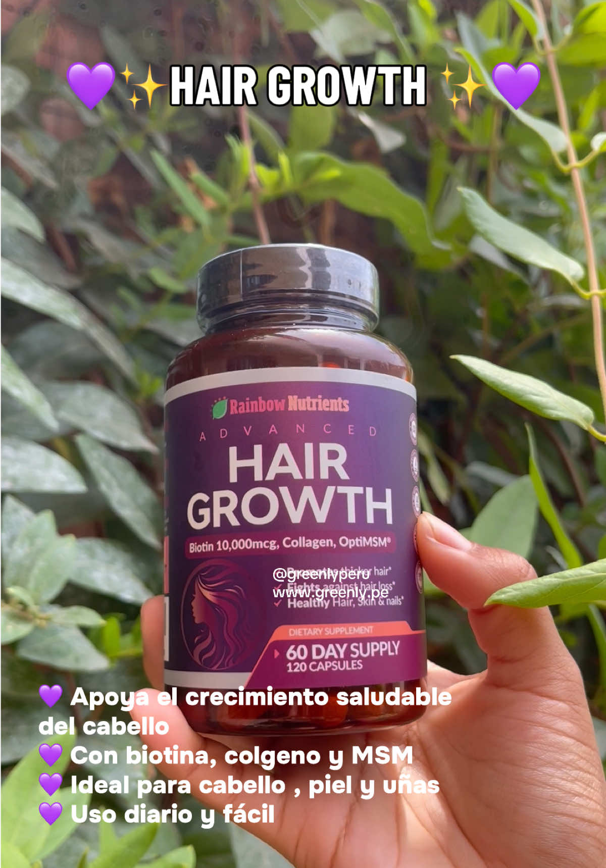 Tu cabello más fuerte y con aparecía más saludable ✨💜 • Apoya el crecimiento saludable del cabello  • Contribuye un cabello con mejor apariencia   • Completar tu rutina de belleza diaria  • Apoya a los nutrientes que benefician piel y uñas  #greenlyperu #hairgrowth #cabellosaludable #mujeres 