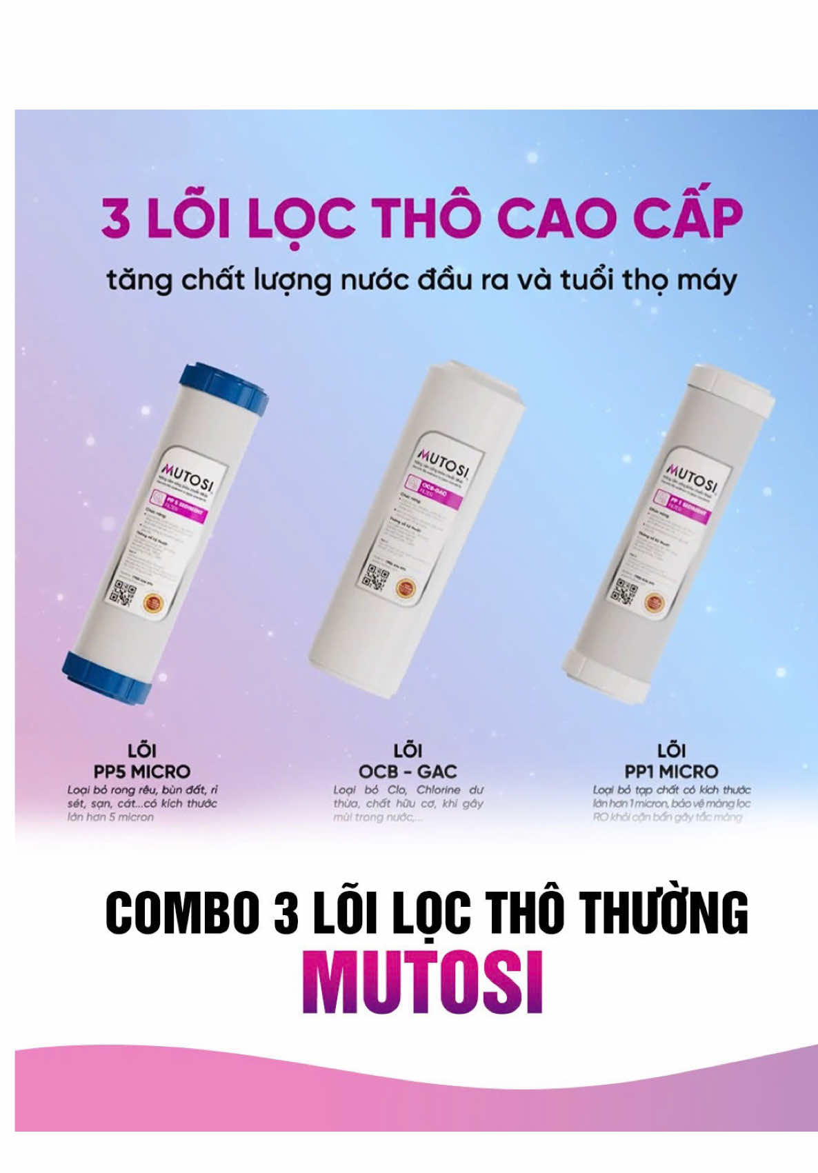 Combo 3 lõi lọc nước thường xuyên phải thay nhất, sử dụng cho hầu hết các dòng máy lọc nước RO trên thị trường #mutosi #maylocnuoc #maylocnuocro #locnuoc #loilocnuoc
