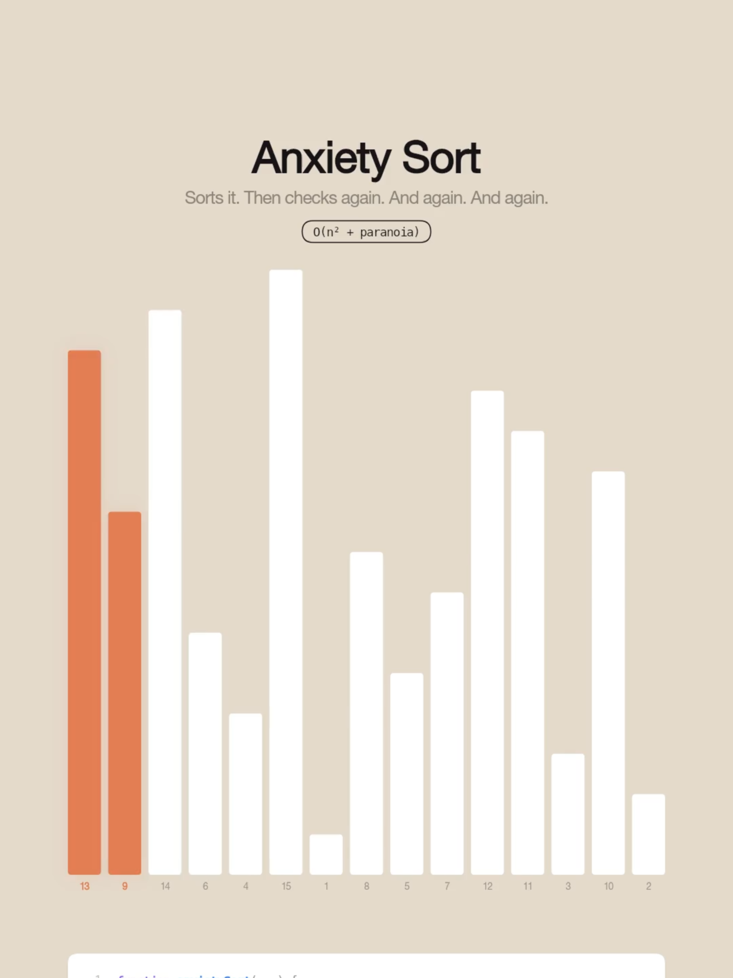 This sorting algorithm sorts your array... then checks if it's actually sorted. Then checks again. And again. Anxiety Sort: O(n² × 3 checks) #programming #coding #sortingalgorithm #anxiety #computerscience #tech #developer #softwareengineering #algorithm #programminghumor #coder #reels