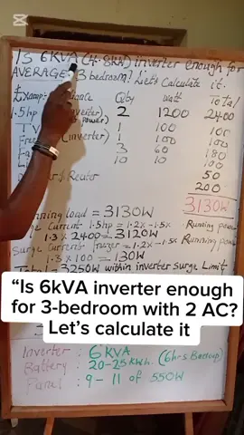 Can a 6kVA inverter power a 3-bedroom with 2 ACs? Let’s calculate   ⚡ Load Calculation ❄️ 2 × 1.5HP inverter AC = 2400W 📺 TV = 100W 🧊 Freezer (inverter) = 100W 🌀 Fans (3) = 180W 💡 Lights (10) = 100W 📡 Decoder + Router = 50W 🔌 Others = 200W 👉 Total running load = 3130W (3.13kW) ⚡ Surge Calculation (Inverter Appliances ≈ 1.3×) AC surge = 2400 × 1.3 = 3120W Freezer surge = 100 × 1.3 = 130W 👉 Total surge ≈ 3250W 🛡️ Add Safety Margin (25%) 👉 3.13 × 1.25 = 3.9kW 🔌 Inverter Check 6kVA × 0.8 = 4.8kW usable power 👉 3.9kW < 4.8kW ✅ ✔ Load is safe ✔ Surge is safe (typical surge capacity ≈ 7–9kW) 🔋 Battery Calculation (Real Usage) Assuming 6 hours backup at night: 👉 3.13 × 6 = 18.8kWh 👉 Add system losses ≈ 22kWh ✔ Minimum battery: 20kWh ✔ Recommended: 22–25kWh ☀️ Solar Panel Calculation  Solar panels power daytime load AND still charge the battery Step 1: Battery Charging Need 👉 22kWh Step 2: Daytime Usage Assume system runs ~5 hours of sunlight: 👉 3.13kW × 5h = 15.65kWh Step 3: Total Energy Panels Must Supply 👉 22 + 15.65 = 37.65kWh/day Step 4: Panel Output 1 × 550W panel ≈ 2.75kWh/day 👉 37.65 ÷ 2.75 ≈ 14 panels ✅ Final Panel Recommendation ✔ Minimum: 14 panels (550W) ✔ Recommended: 15–18 panels (for stability & faster charging)      ⚠️ Disclaimer For educational purposes only. Assumes inverter AC & freezer, moderate usage, and good sunlight. Follow for more real solar calculations 🔥 #solartechnician  #solarinstallation  #solar  #fypシ  #electrician 