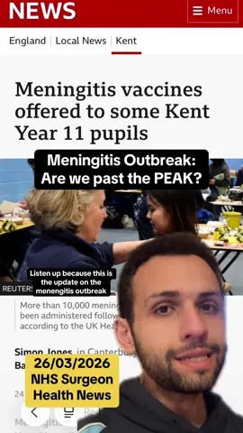 #meningitis outbreak update 26/03/26. Finally some good news as experts believe we may be past the peak with numbers of confirmed and suspected infections unchanged at 29. Vaccinations in #Kent have been extended to year 11 pupils in affected schools. But lets reassure everyone and of course remain aware of symptoms including fevers, headaches, sensitivity to lights, drowsiness, seizures, a rash that does not fade if you roll a glass over it #fyp 