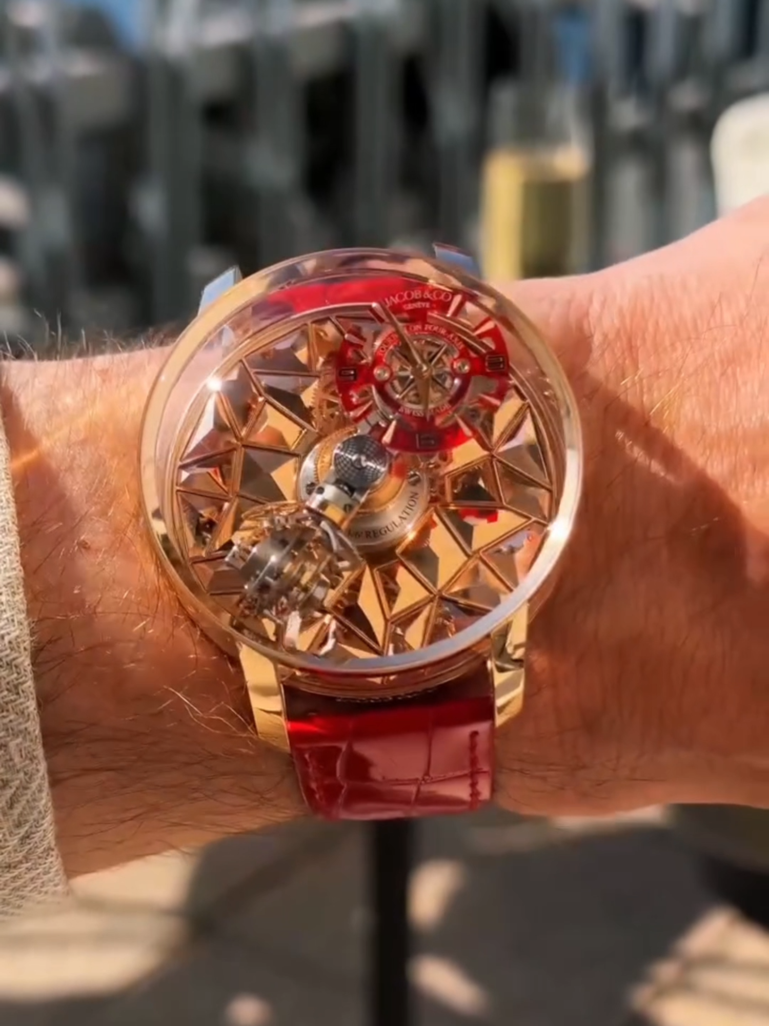 The Astronomia Revolution:  A world-first in horology, designed for those who push limits. Its four-axis tourbillon moves at mesmerizing speeds: 60, 18, 15, and 60 seconds, respectively. #jacobandco #inspiredbytheimpossible