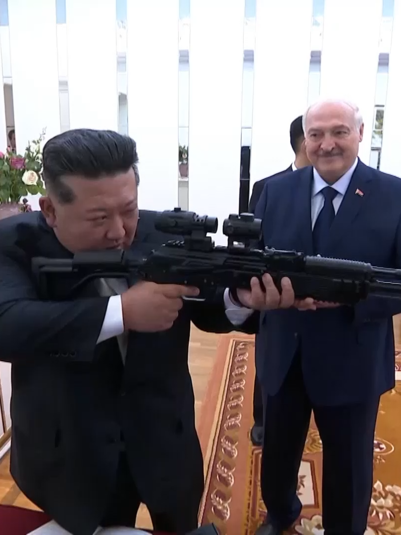 North Korean leader Kim Jong Un presented Alexander Lukashenko with a traditional sword and a decorative urn bearing the image of the Belarusian leader, while Lukashenko gave Kim an assault rifle manufactured in Belarus.
