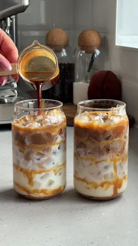 salted caramel iced latte recipe: . 1 double shot espresso 2 tsp homemade caramel sauce 1 tsp vanilla syrup pinch of salt top with milk of choice . Who wants the recipe for the caramel sauce? 👀 #coffee #coffeeathome #coffeerecipe #caramel #latte