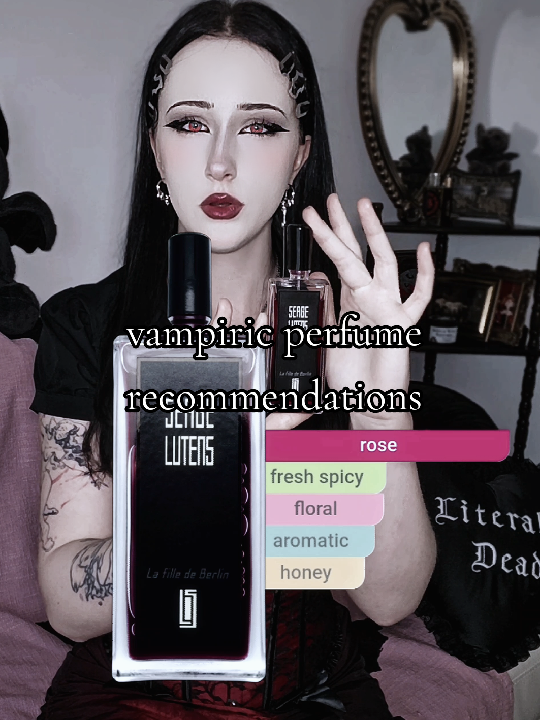 my vampiric perfume recommendations for gothic women. this is a selection of fragrances that will make you feel like a powerful, mysterious and deadly vampire seductress.  @SergeLutens  #gothperfume #perfumerecommendations #nicheperfume #perfumetok #vampiregoth 