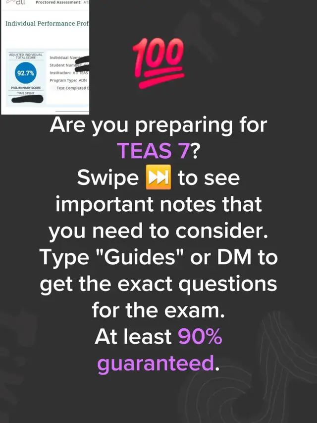 Pass TEAS 7 with ease. Swipe to find out more of what is being tested and how you can prepare best to score at least 90%. Reach out too through teasacer47@gmail.com or +1 (949) 254-8933 to get all the exact quearions with their correct answers. We can also help you do the exam. #atiteas7 #teas #nurses #teas7 #ATITEAS 