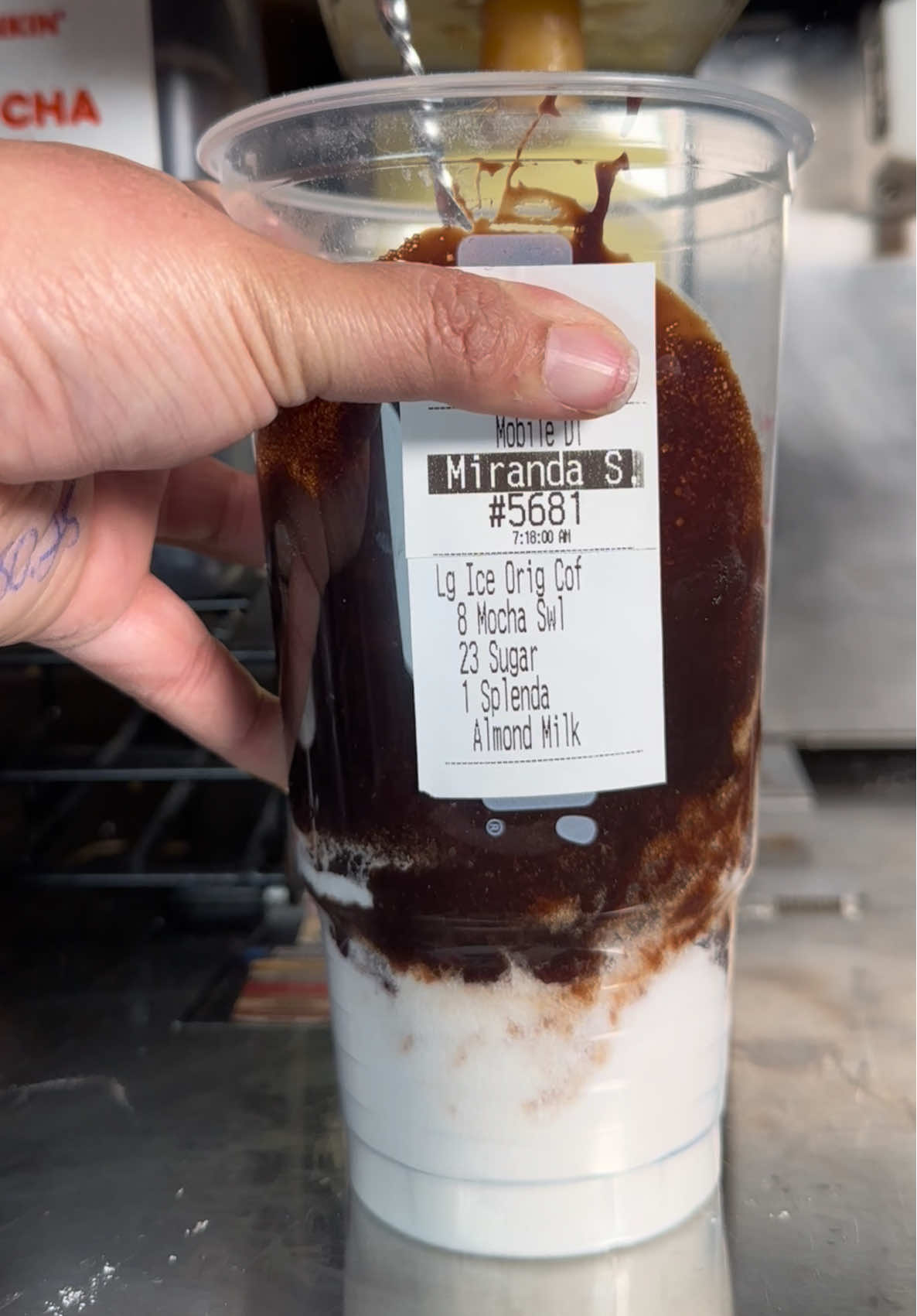 Miranda S She ordered at 7:00 AM, her order number was 5681, she paid a total of $8.49. She ordered 1 Splenda, 23 sugar, 8 mocha, and almond milk. She was a young girl and seemed very energetic. I hope Miranda comes back tomorrow. #crazyorder #icedcoffee #sugarcoffee 